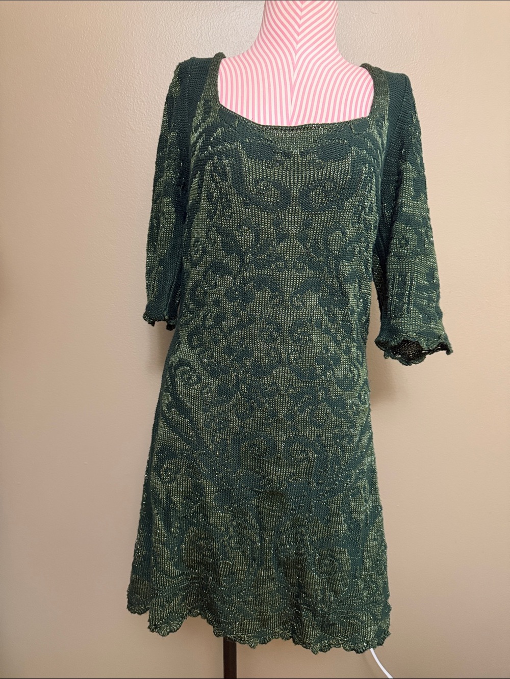 NWT Cecilia Prado Knit Deep Green Long-Sleeve Square-Neck Mini Dress - L